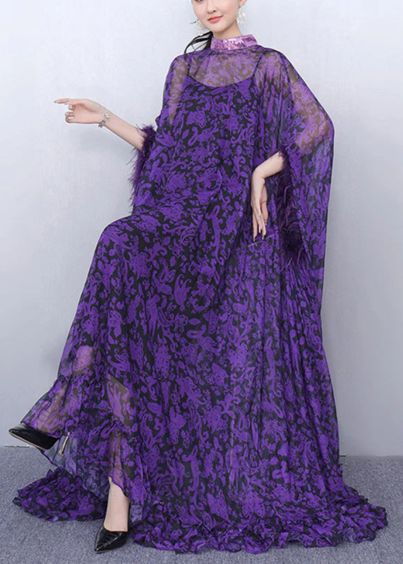 Stylish Purple Turtleneck Print Tulle Patchwork Party Maxi Dress Half Sleeve - Image 3