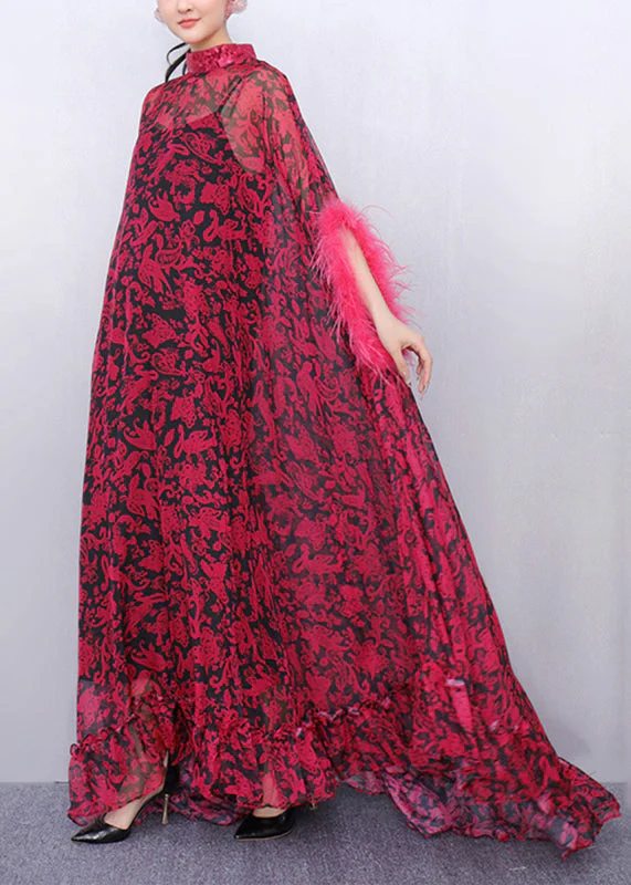 Stylish Purple Turtleneck Print Tulle Patchwork Party Maxi Dress Half Sleeve - Image 4