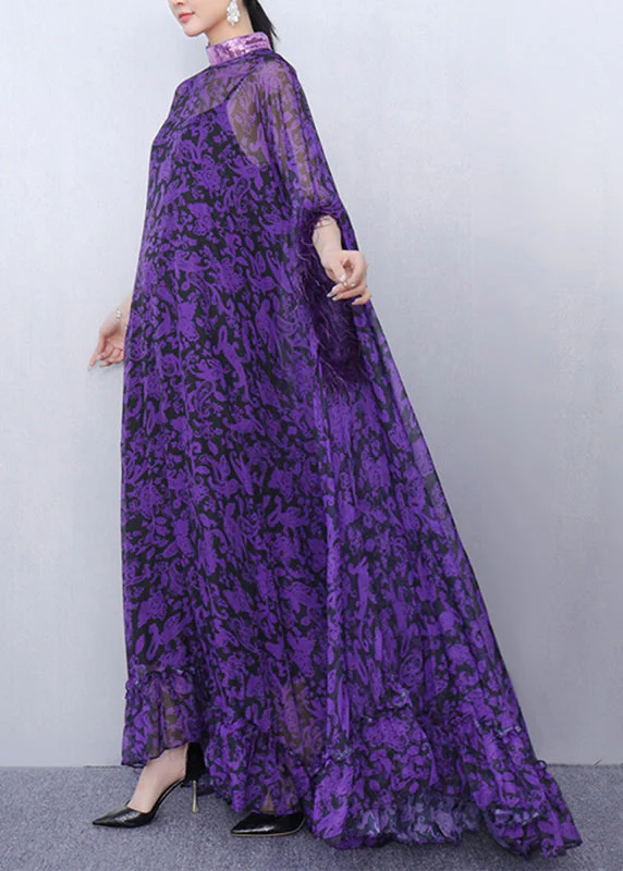 Stylish Purple Turtleneck Print Tulle Patchwork Party Maxi Dress Half Sleeve - Image 5
