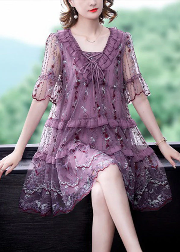 Stylish Purple V Neck Patchwork Lace up Tulle A Line Dress Short Sleeve - Image 2