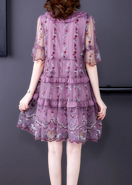 Stylish Purple V Neck Patchwork Lace up Tulle A Line Dress Short Sleeve - Image 4