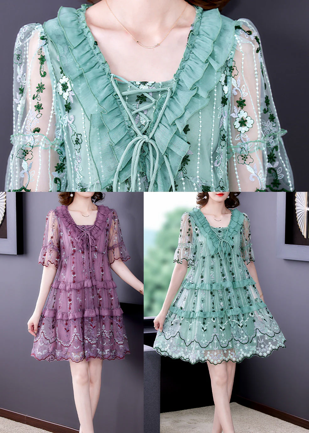 Stylish Purple V Neck Patchwork Lace up Tulle A Line Dress Short Sleeve - Image 5