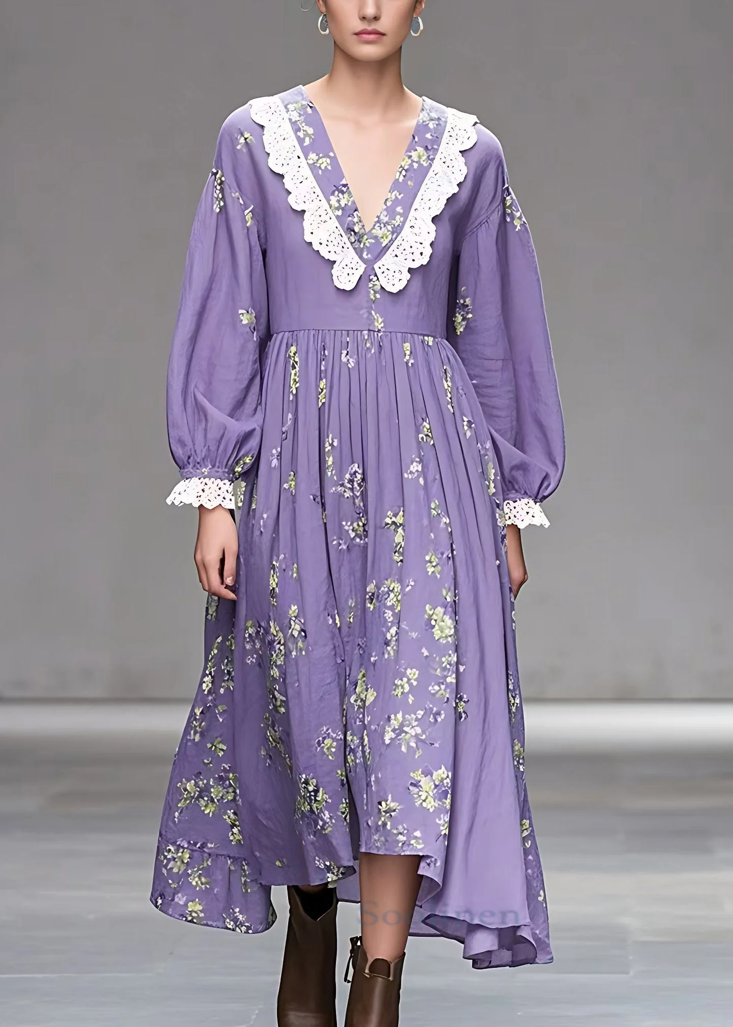 Stylish Purple V Neck Print Wrinkled Cotton Dress Fall - Image 2