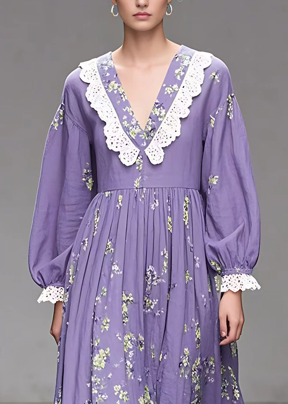 Stylish Purple V Neck Print Wrinkled Cotton Dress Fall - Image 3