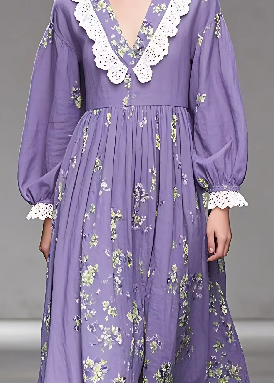 Stylish Purple V Neck Print Wrinkled Cotton Dress Fall - Image 4