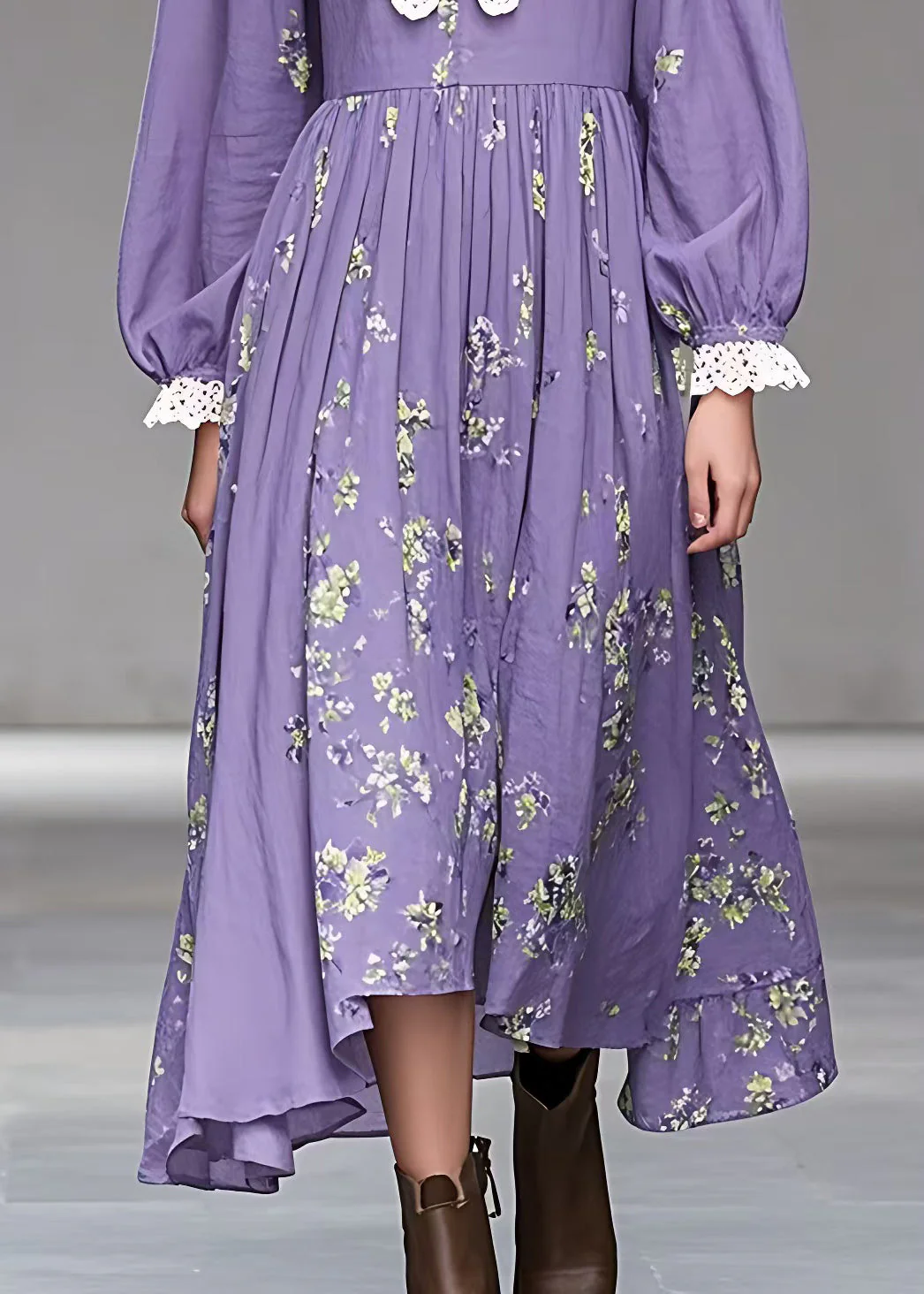 Stylish Purple V Neck Print Wrinkled Cotton Dress Fall - Image 5
