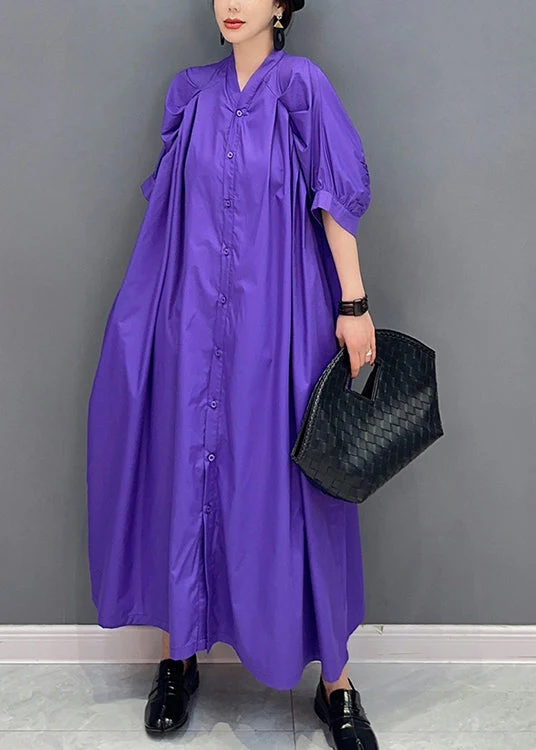 Stylish Purple V Neck Puff Sleeve Cotton Maxi Dresses - Image 2
