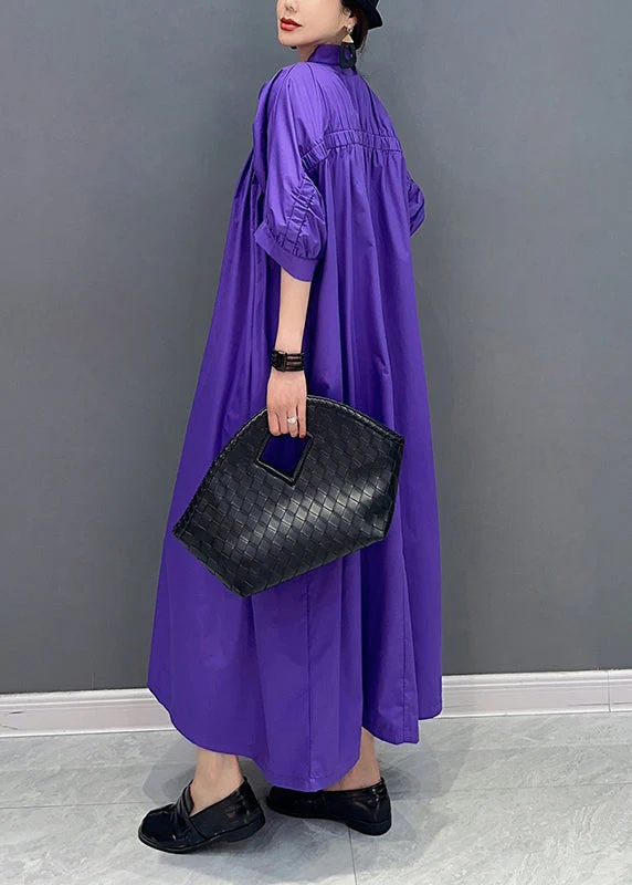 Stylish Purple V Neck Puff Sleeve Cotton Maxi Dresses - Image 3