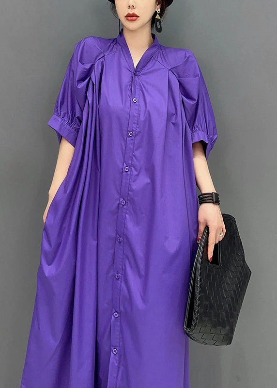 Stylish Purple V Neck Puff Sleeve Cotton Maxi Dresses - Image 4