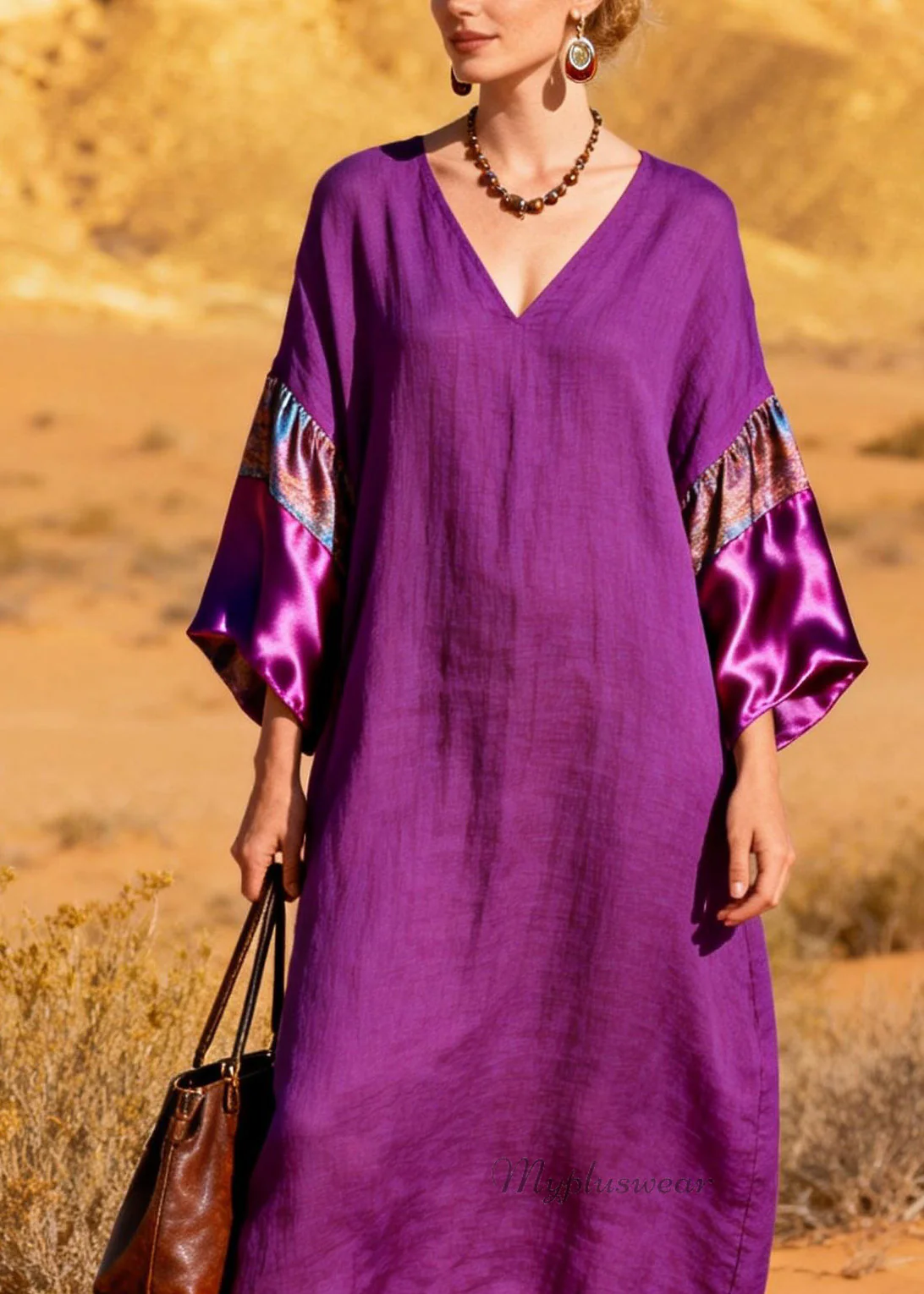 Stylish Purple V Neck Silk Patchwork Linen Dresses Summer - Image 2