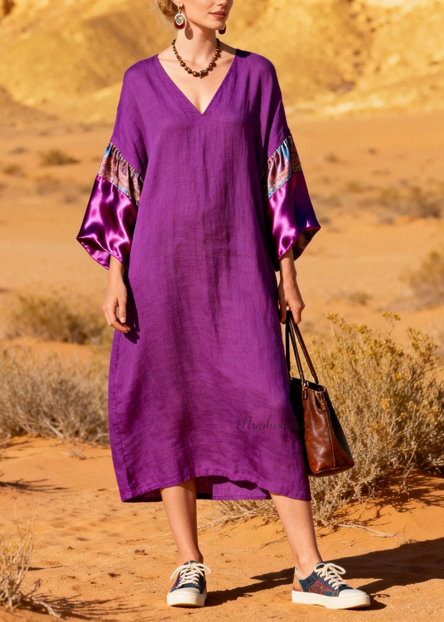 Stylish Purple V Neck Silk Patchwork Linen Dresses Summer - Image 3