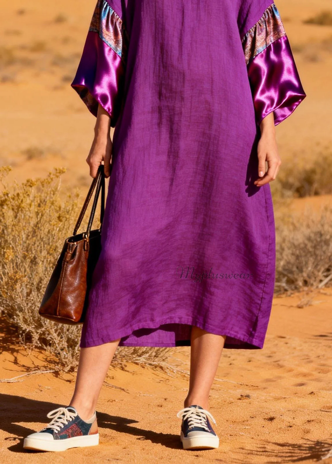 Stylish Purple V Neck Silk Patchwork Linen Dresses Summer - Image 4