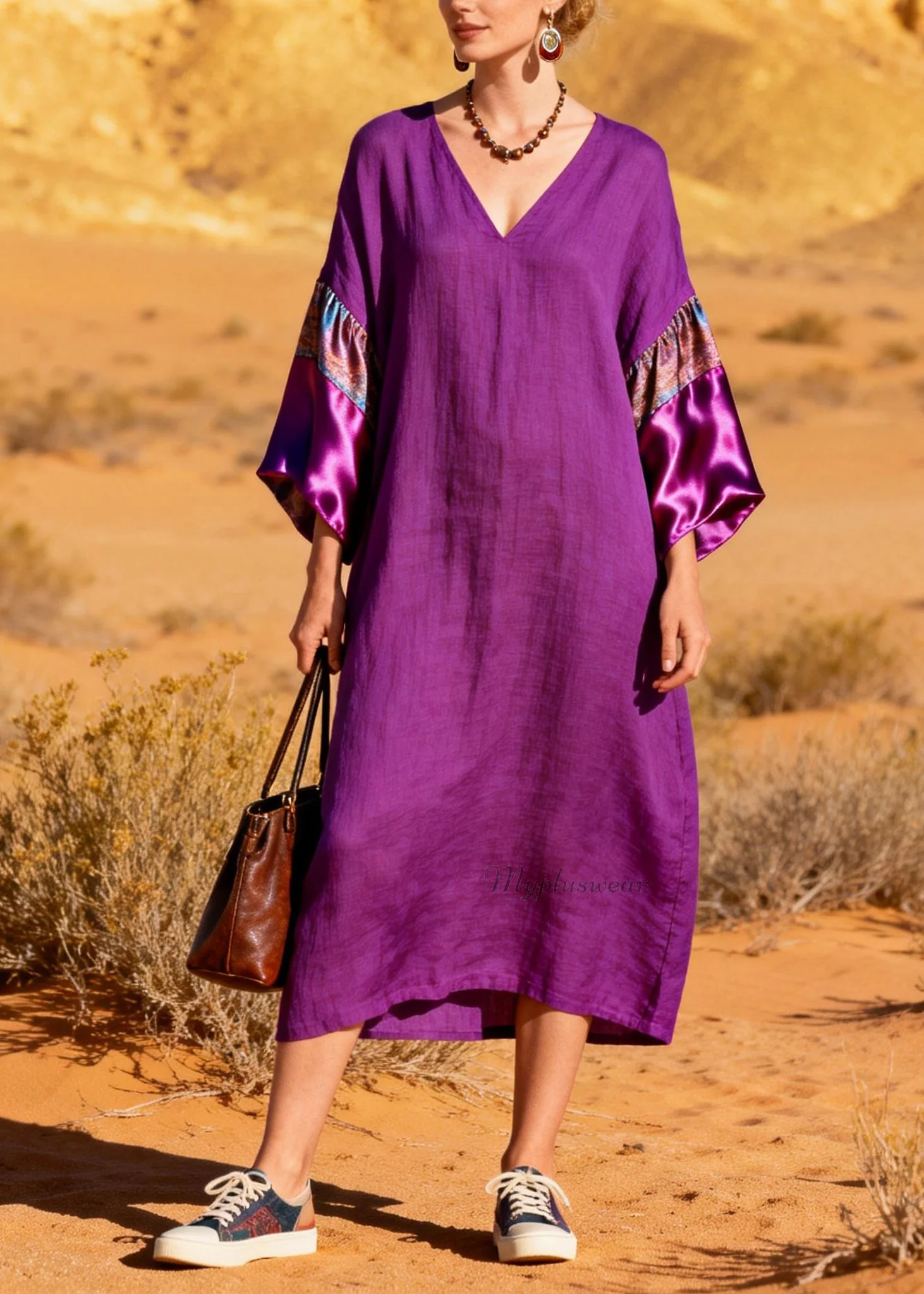 Stylish Purple V Neck Silk Patchwork Linen Dresses Summer - Image 5