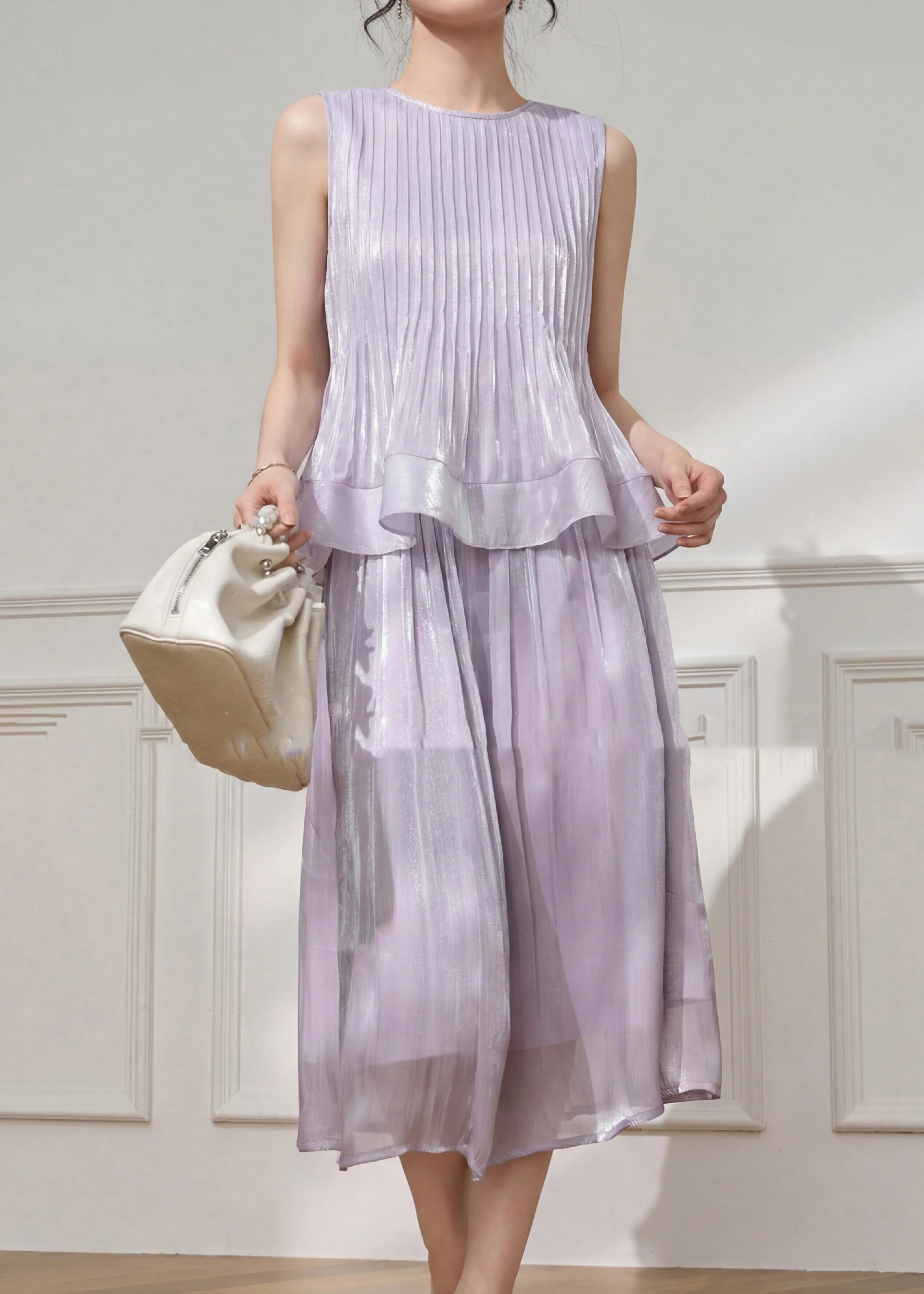 Stylish Purple Wrinkled Top And Maxi Skirts Two Pieces Set Summer - Image 2