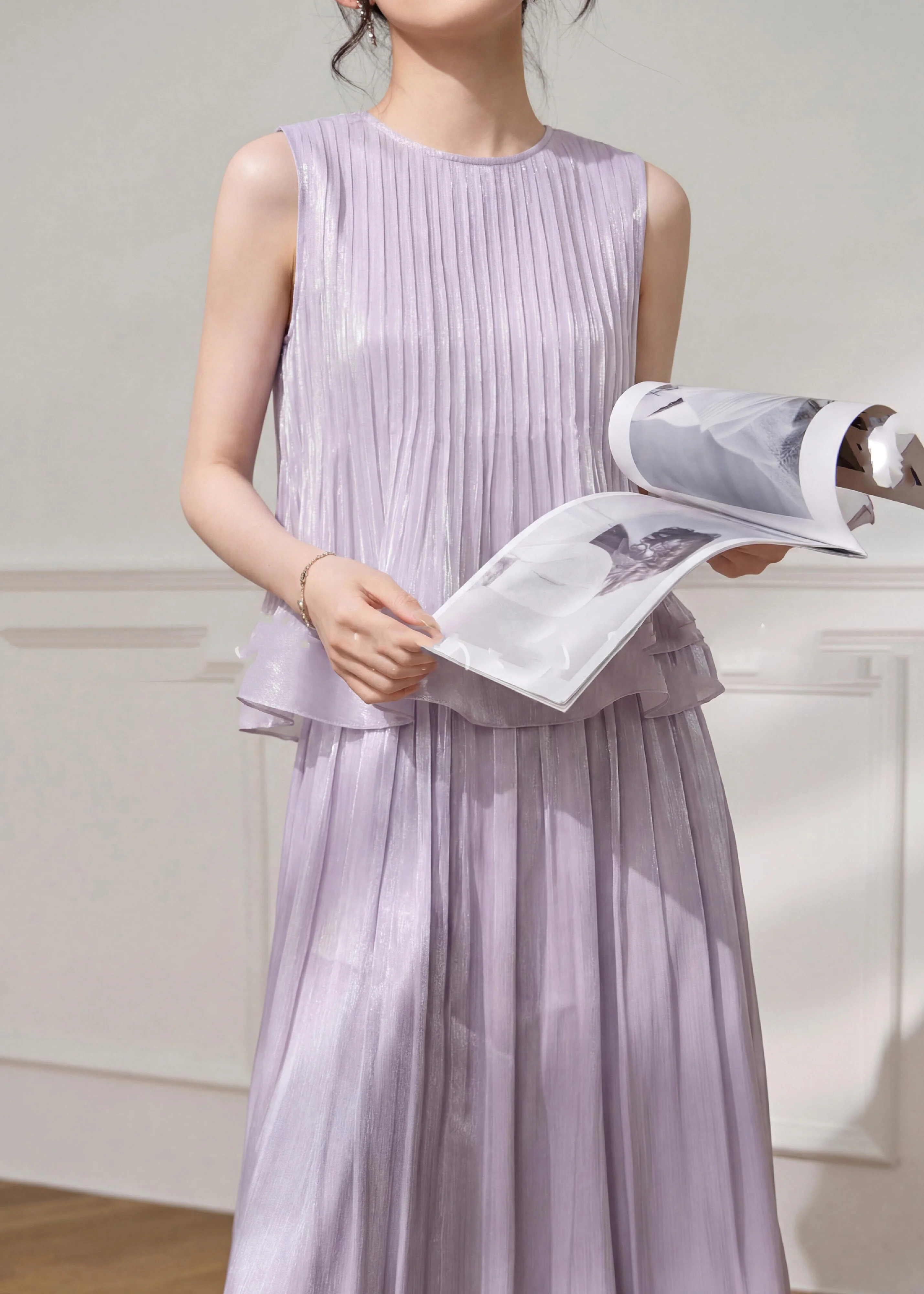 Stylish Purple Wrinkled Top And Maxi Skirts Two Pieces Set Summer - Image 4