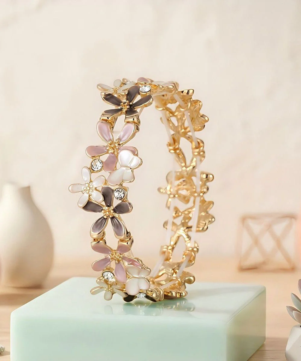 Stylish Rainbow Alloy Zircon Hollow Out Floral Bangle - Image 3