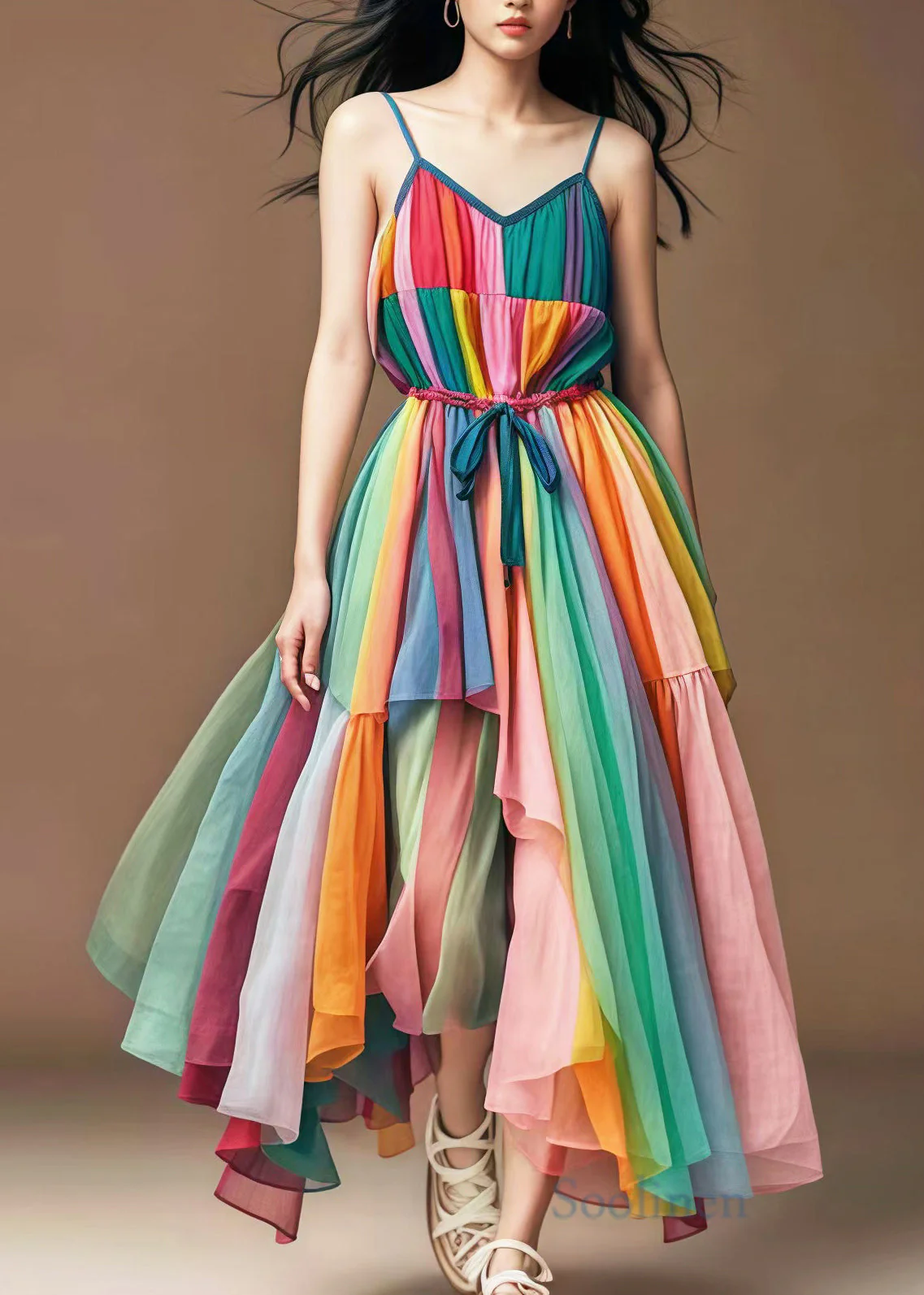 Stylish Rainbow Cinched Patchwork Tulle Spaghetti Strap Dress Summer - Image 2