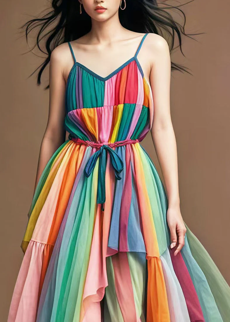 Stylish Rainbow Cinched Patchwork Tulle Spaghetti Strap Dress Summer - Image 3