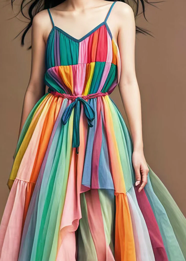 Stylish Rainbow Cinched Patchwork Tulle Spaghetti Strap Dress Summer - Image 4