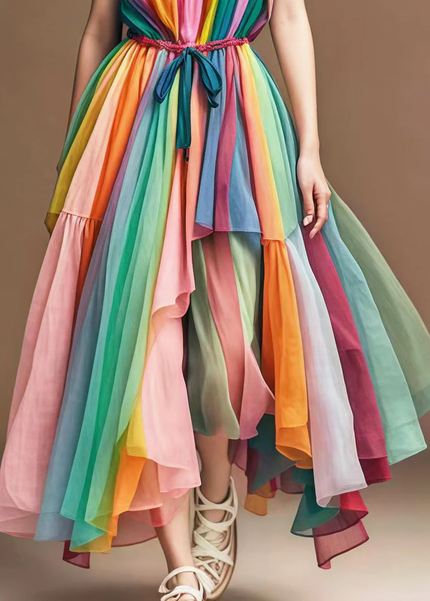 Stylish Rainbow Cinched Patchwork Tulle Spaghetti Strap Dress Summer - Image 5