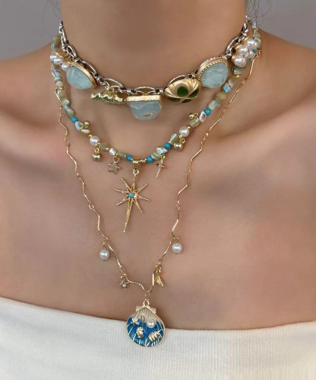 Stylish Rainbow Copper Overgild Shell Pearl Turquoise Star Pendant Necklace Three Piece Set