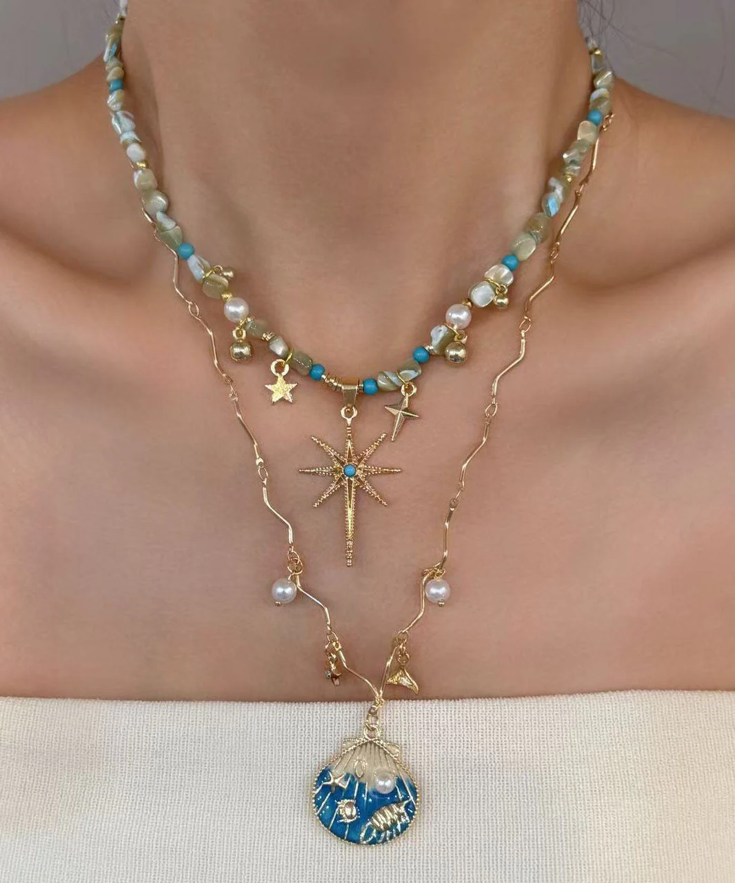 Stylish Rainbow Copper Overgild Shell Pearl Turquoise Star Pendant Necklace Three Piece Set - Image 3