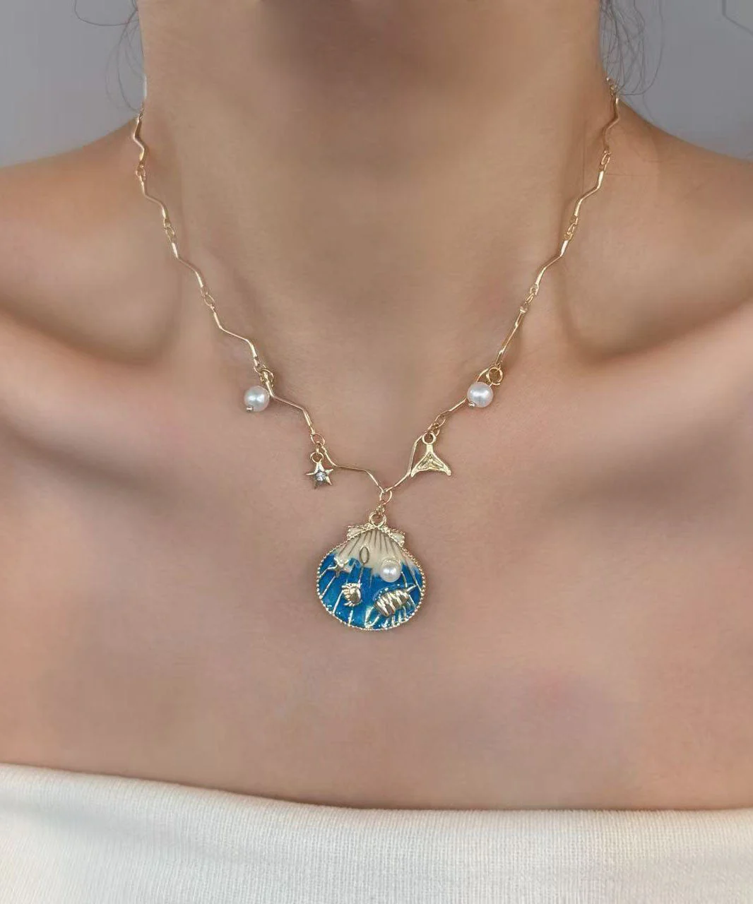 Stylish Rainbow Copper Overgild Shell Pearl Turquoise Star Pendant Necklace Three Piece Set - Image 4