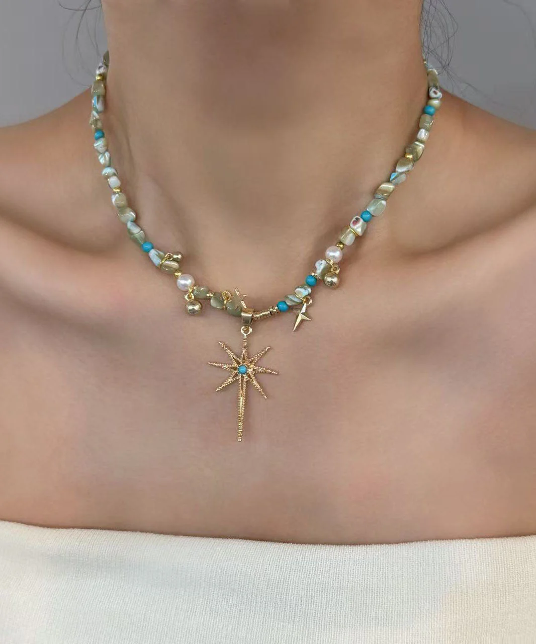 Stylish Rainbow Copper Overgild Shell Pearl Turquoise Star Pendant Necklace Three Piece Set - Image 5