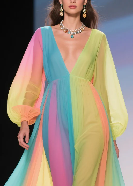 Stylish Rainbow Floral High Waist Chiffon Long Dresses Spring - Image 2