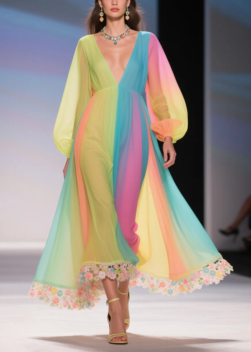 Stylish Rainbow Floral High Waist Chiffon Long Dresses Spring - Image 3