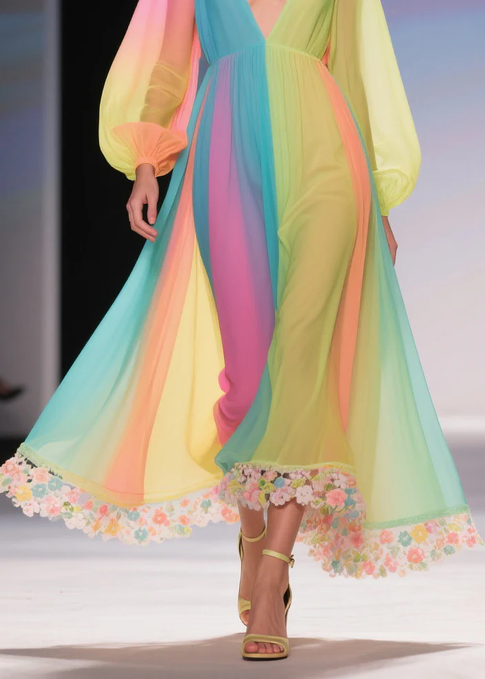 Stylish Rainbow Floral High Waist Chiffon Long Dresses Spring - Image 4