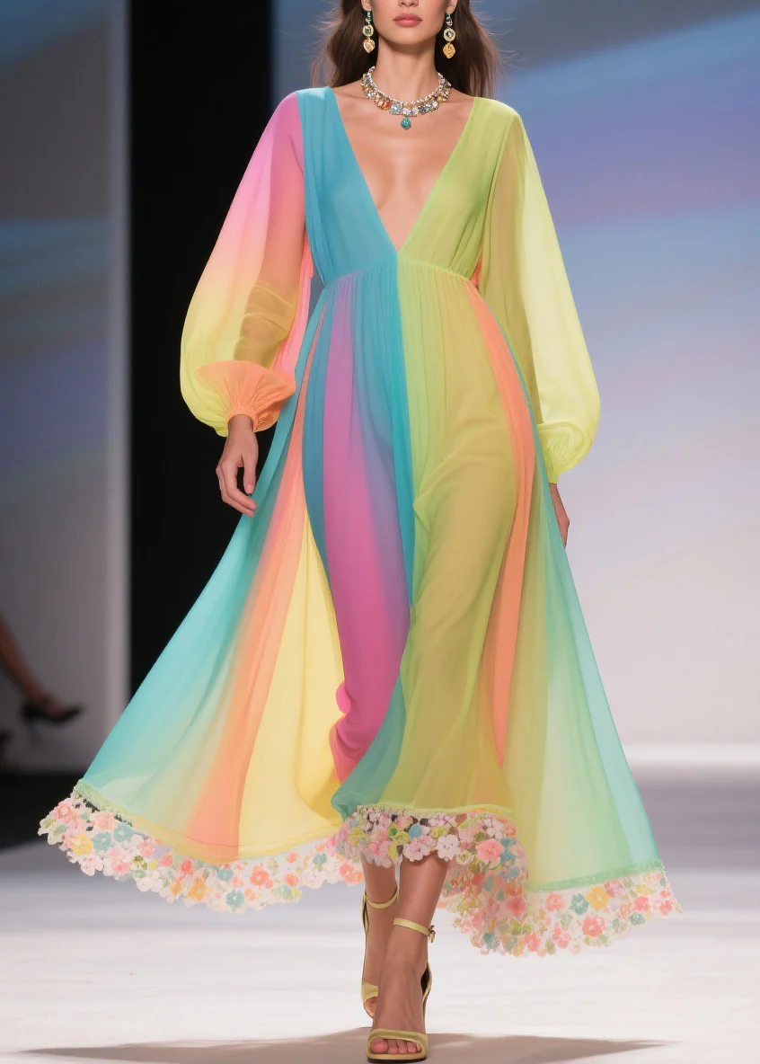 Stylish Rainbow Floral High Waist Chiffon Long Dresses Spring - Image 5
