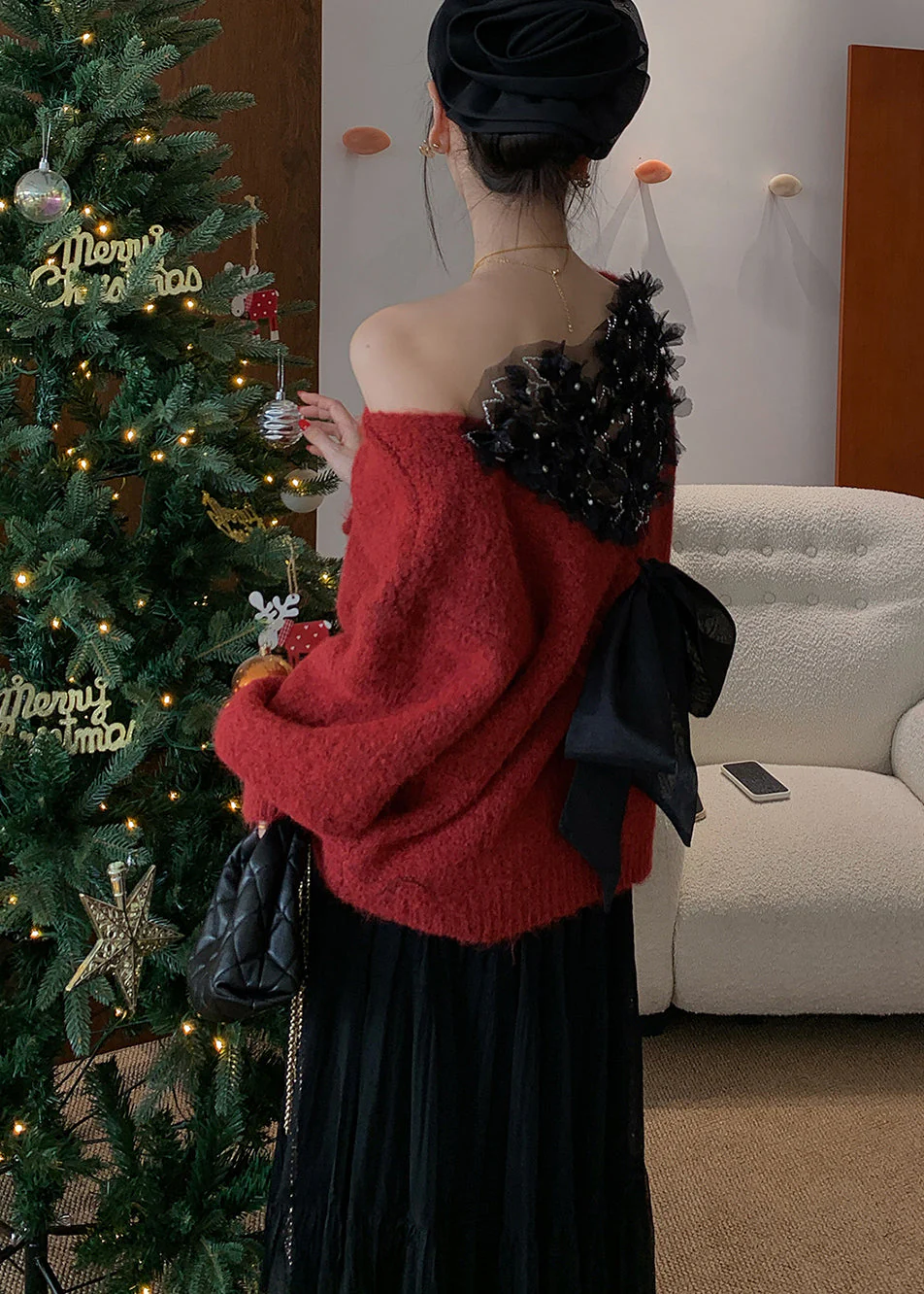 Stylish Red Backless Bow Knitted Tops Winter - Image 2