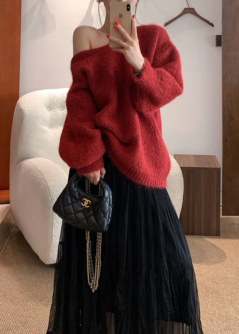 Stylish Red Backless Bow Knitted Tops Winter - Image 3