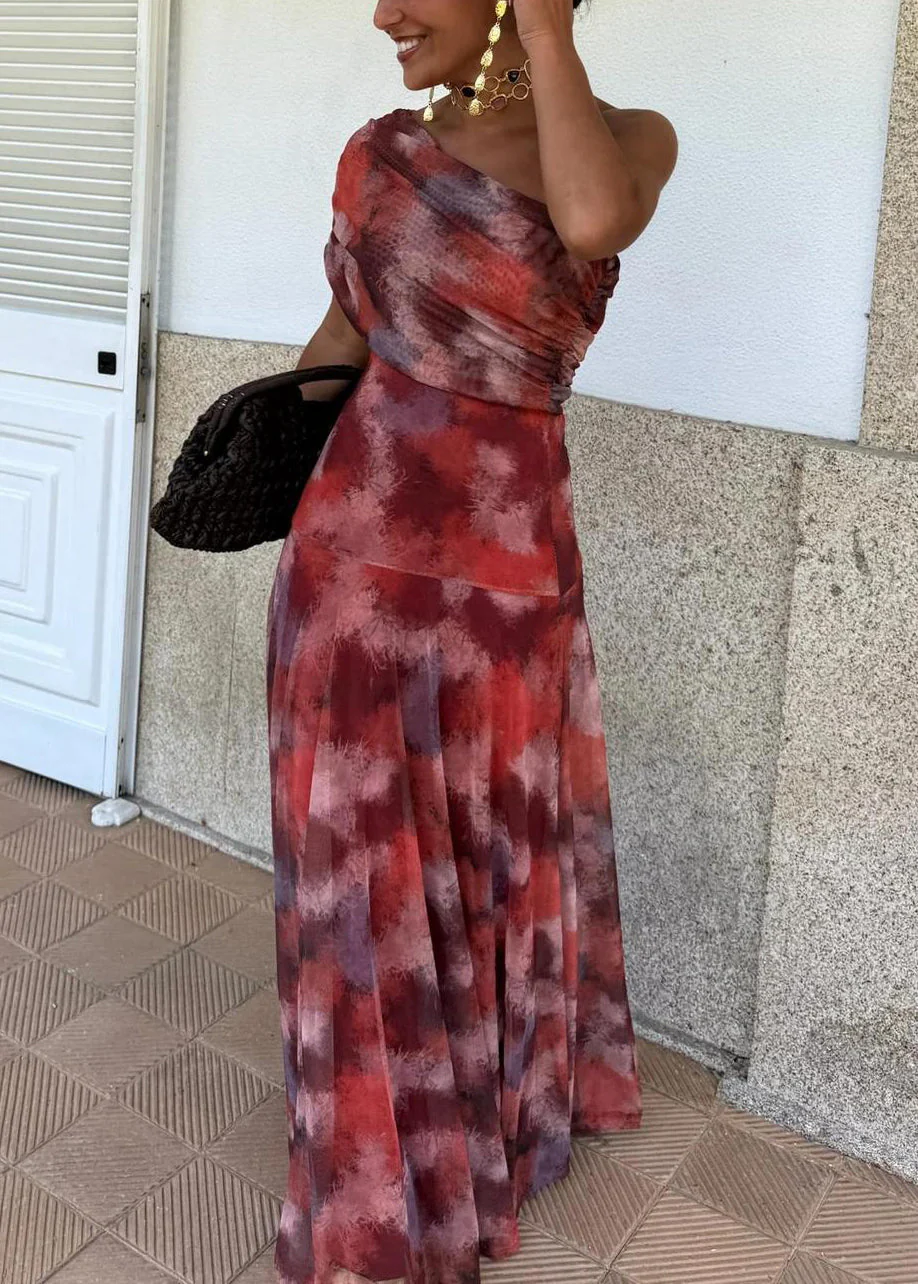 Stylish Red Cold Shoulder Print Tulle Long Dress Summer - Image 3