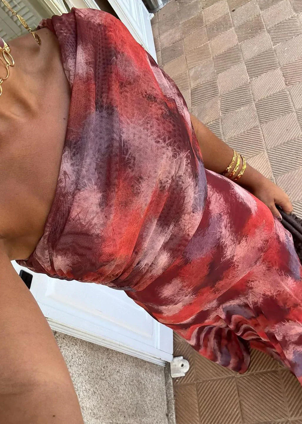 Stylish Red Cold Shoulder Print Tulle Long Dress Summer - Image 4