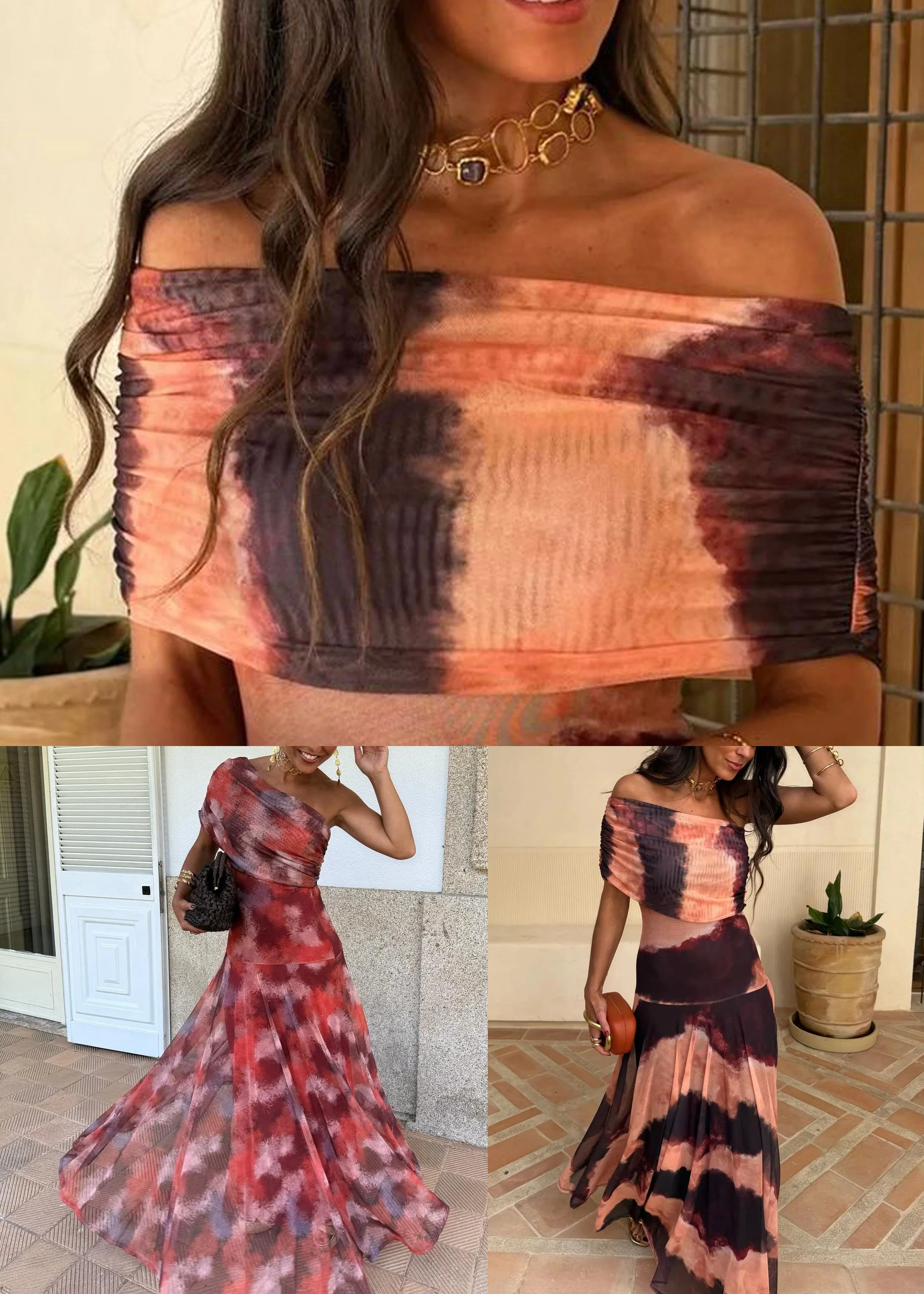 Stylish Red Cold Shoulder Print Tulle Long Dress Summer - Image 5