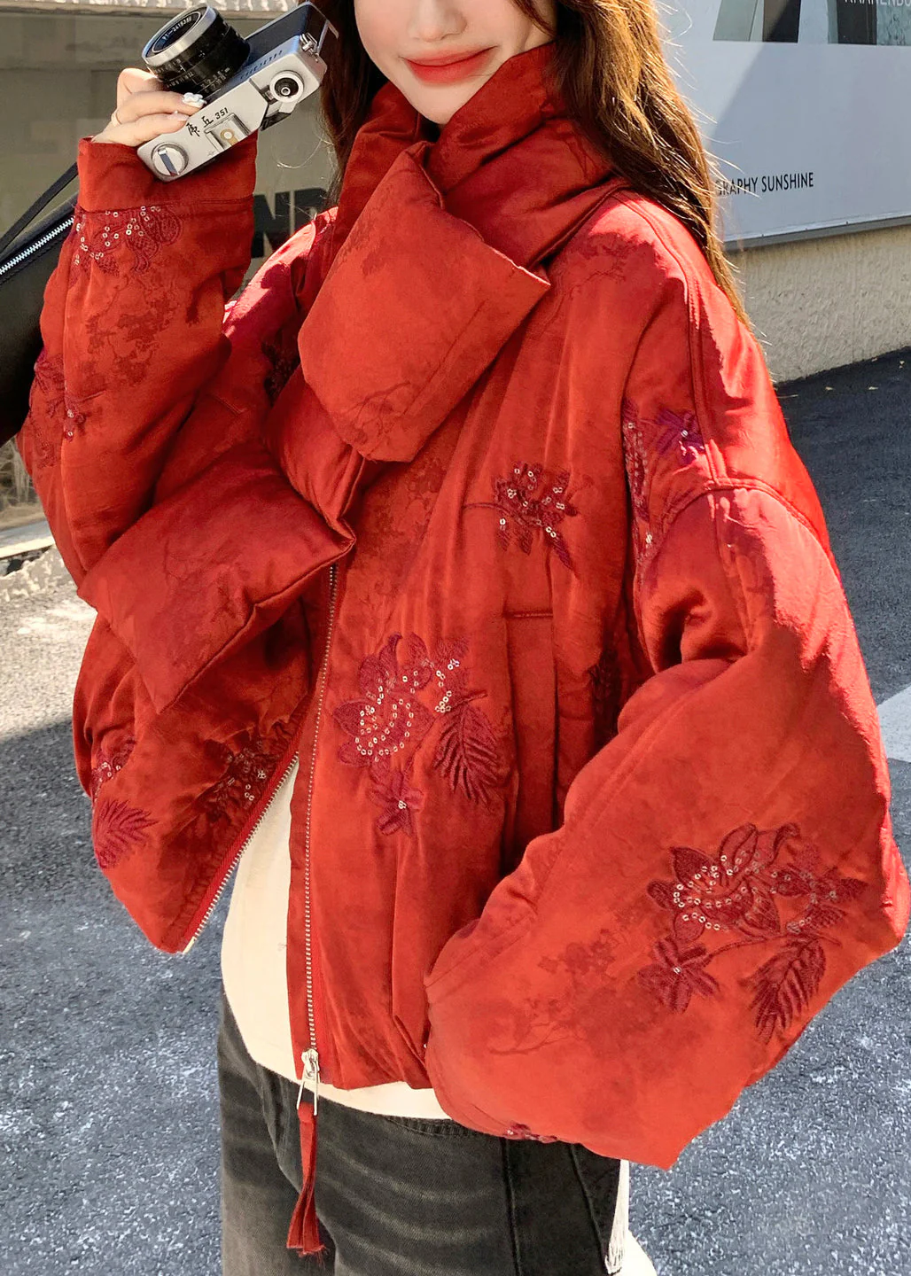 Stylish Red Embroidered Sequins Fine Cotton Filled Coats Winter - Image 3