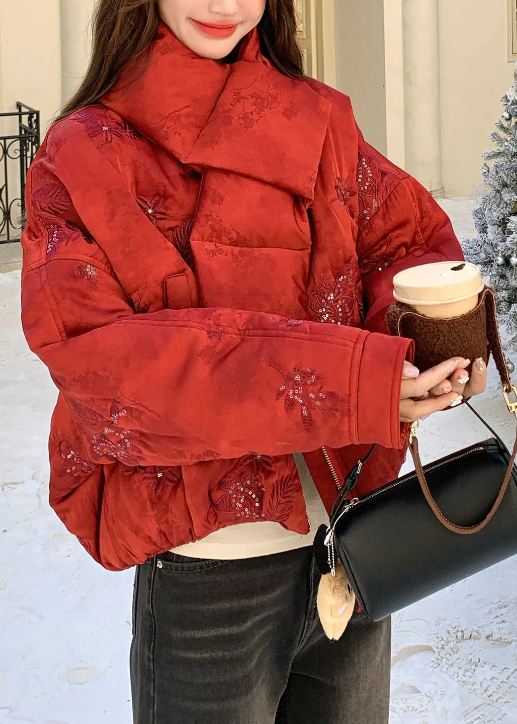 Stylish Red Embroidered Sequins Fine Cotton Filled Coats Winter - Image 4