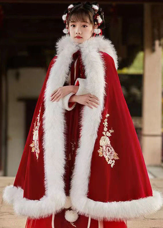 Stylish Red Embroideried Fuzzy Fur Fluffy Girls Hooded Cloak And Long Dress Two Pieces Set Long Sleeve - Image 2