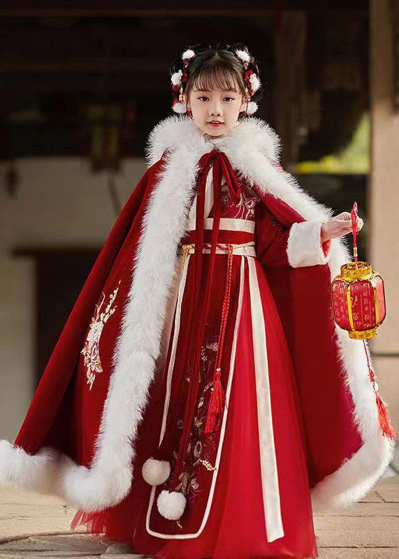 Stylish Red Embroideried Fuzzy Fur Fluffy Girls Hooded Cloak And Long Dress Two Pieces Set Long Sleeve - Image 3
