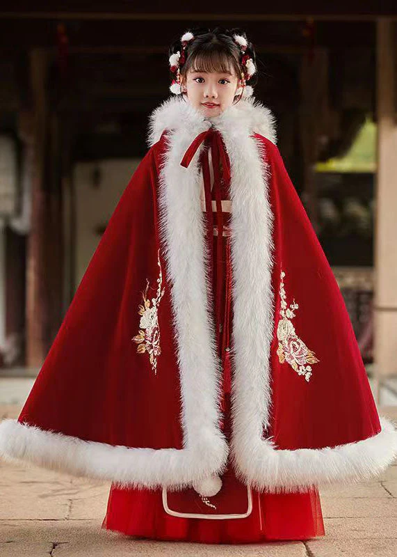 Stylish Red Embroideried Fuzzy Fur Fluffy Girls Hooded Cloak And Long Dress Two Pieces Set Long Sleeve - Image 4