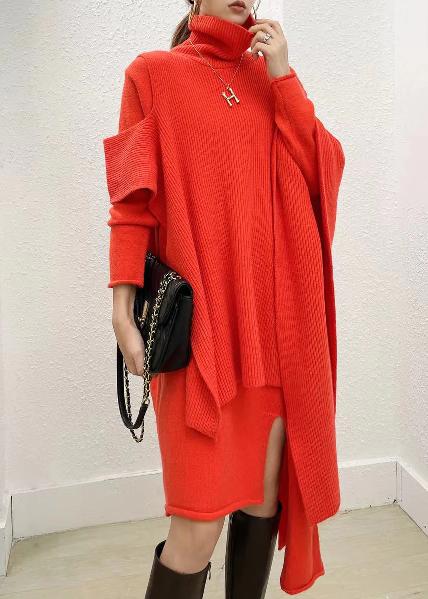 Stylish Red Hign Neck Asymmetrical Design Knit Two Pieces Set Dress Fall - Image 2