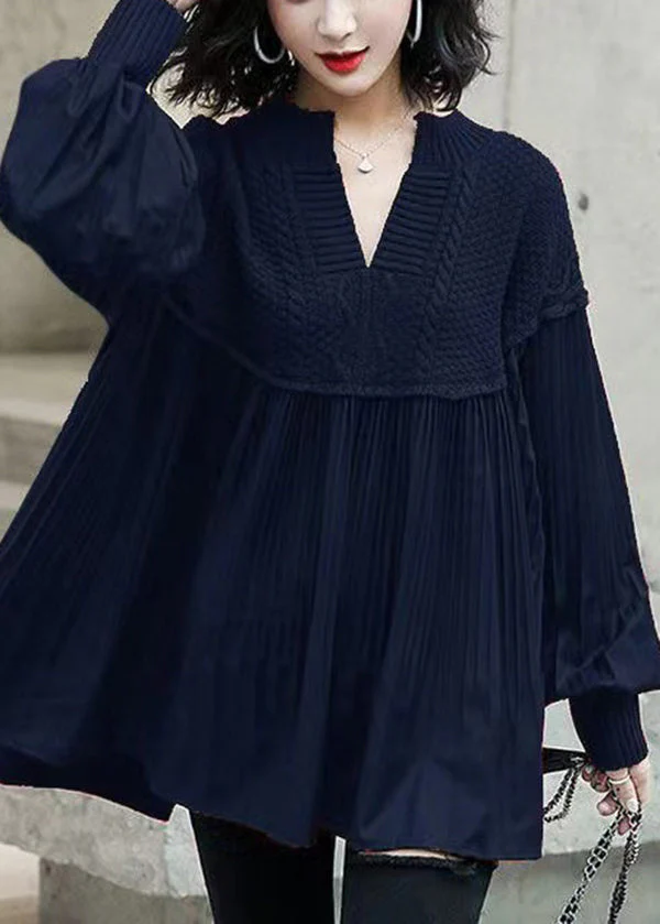 Stylish Red Knit Patchwork Cotton Shirts Dress Batwing Sleeve - Image 2