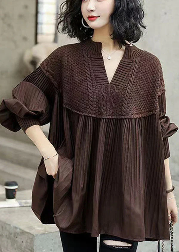 Stylish Red Knit Patchwork Cotton Shirts Dress Batwing Sleeve - Image 3