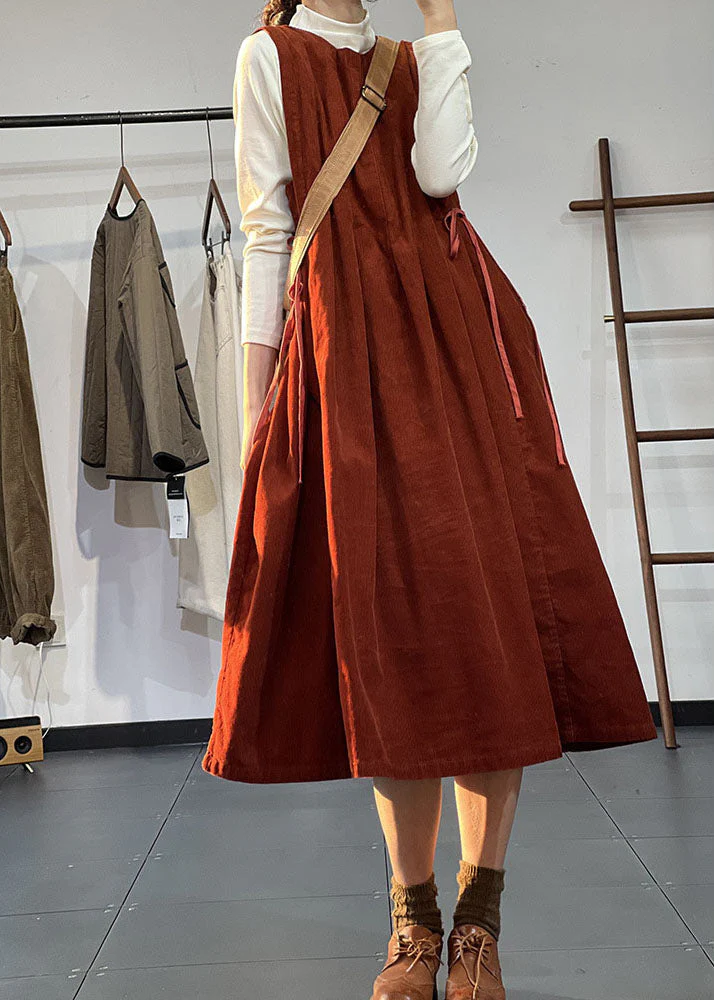 Stylish Red O-Neck Exra Large Hem Corduroy Pleated Dresses Sleeveless - Image 2