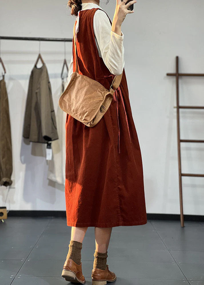 Stylish Red O-Neck Exra Large Hem Corduroy Pleated Dresses Sleeveless - Image 4