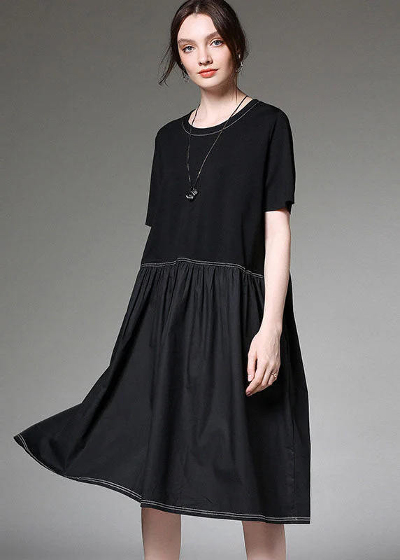 Stylish Red O-Neck Patchwork Cotton Dresses Short Sleeve - Image 2