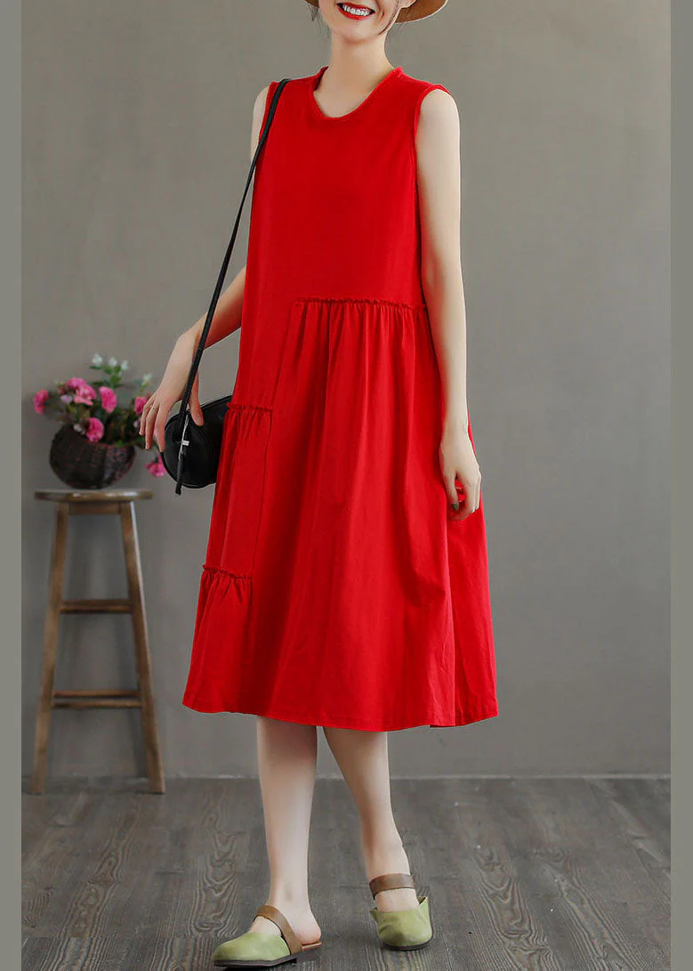 Stylish Red O-Neck Patchwork Cotton Party Dress Sleeveless - Image 2