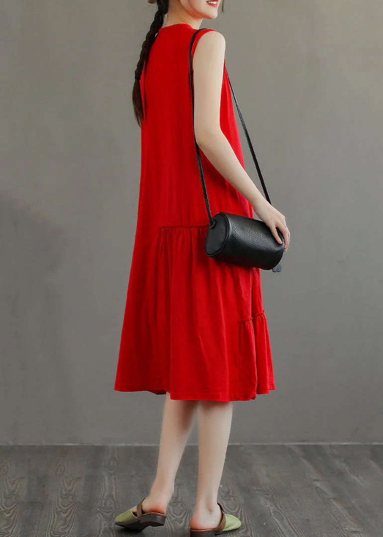 Stylish Red O-Neck Patchwork Cotton Party Dress Sleeveless - Image 3